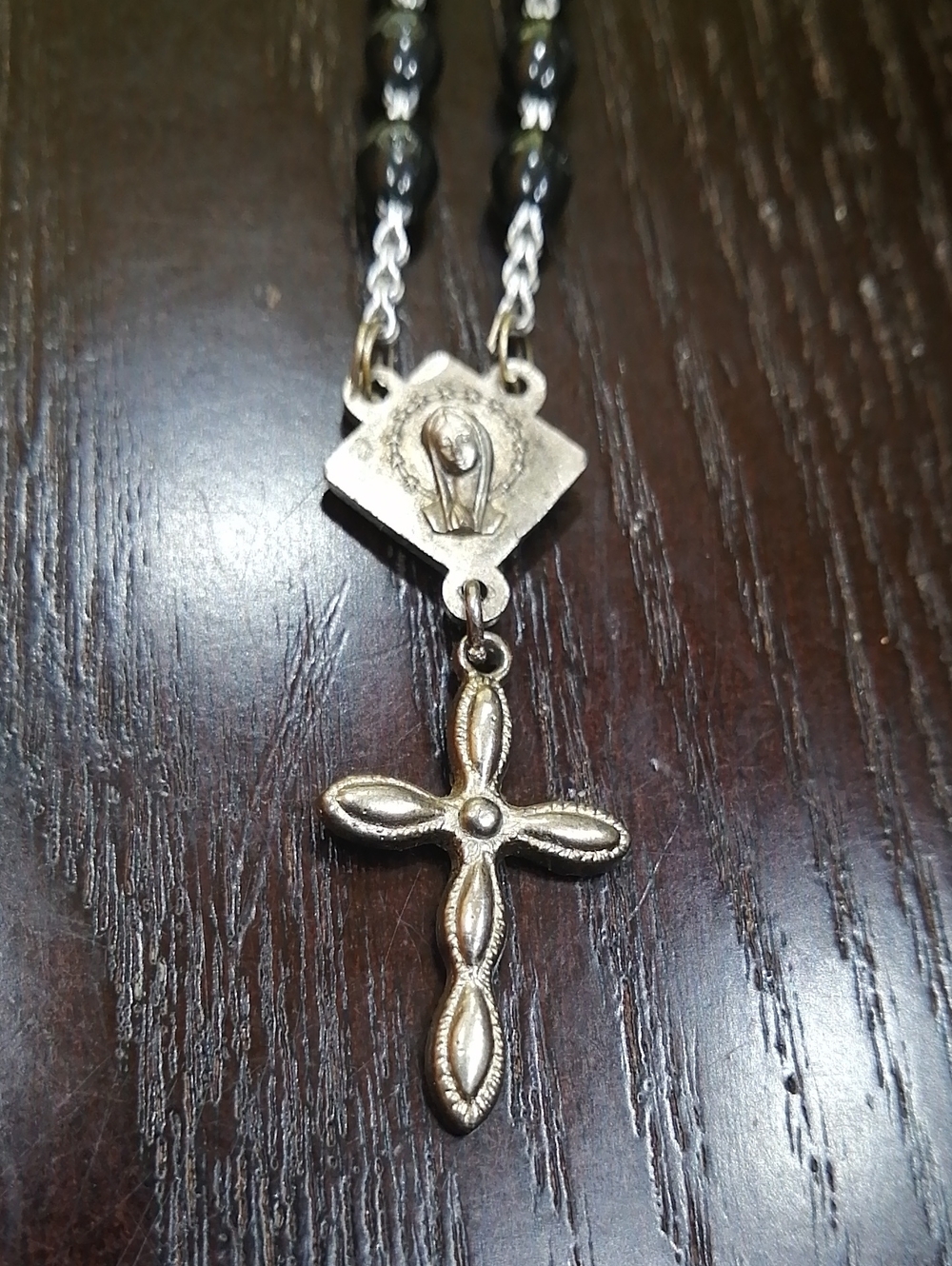 Knights Of Columbus Italian Make Black Bead Vintage Rosary Necklace 24" Long